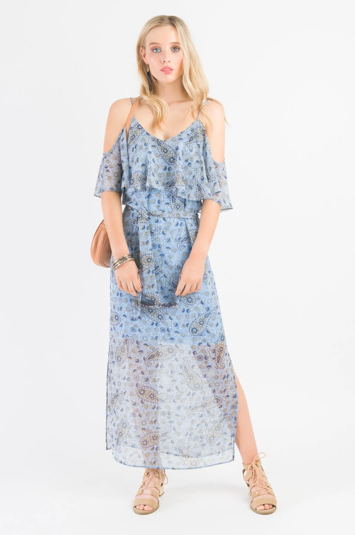 Ruffle Cami Maxi Dress - Blue print