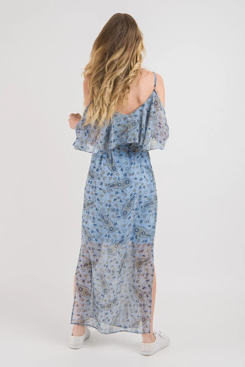 Ruffle Cami Maxi Dress - Blue print