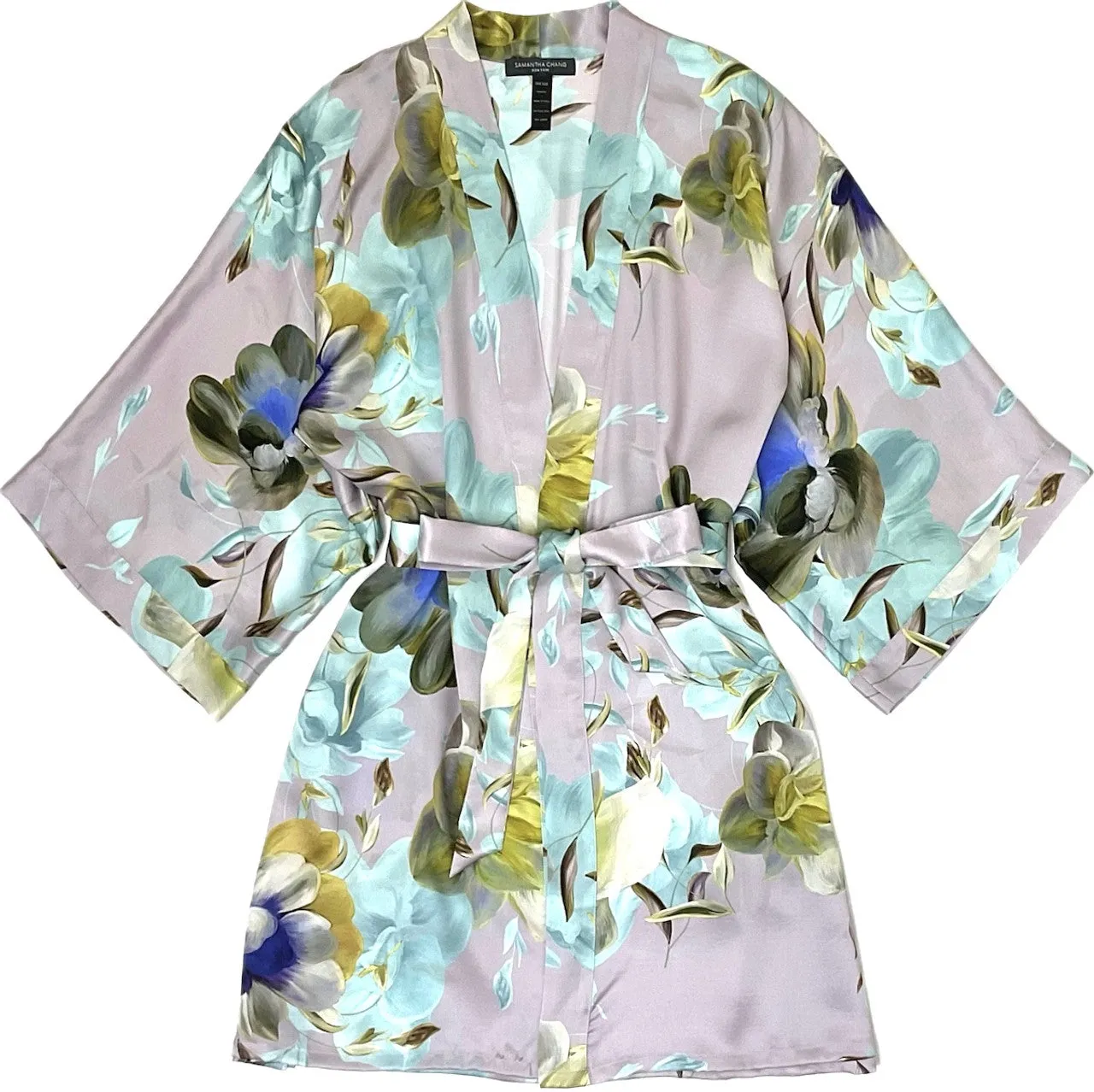 Samantha Chang CLASSIC Silk Short Kimono Robe in Ice Bloom 