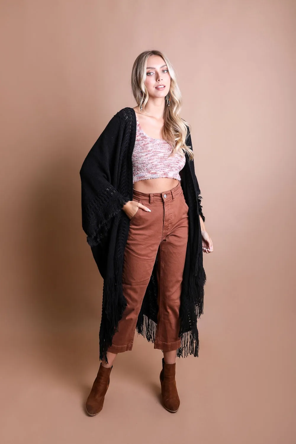 Selena Open Work Frayed Border Bohemian Ruana Kimono Wrap