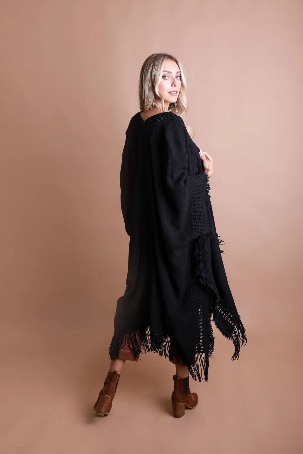 Selena Open Work Frayed Border Bohemian Ruana Kimono Wrap