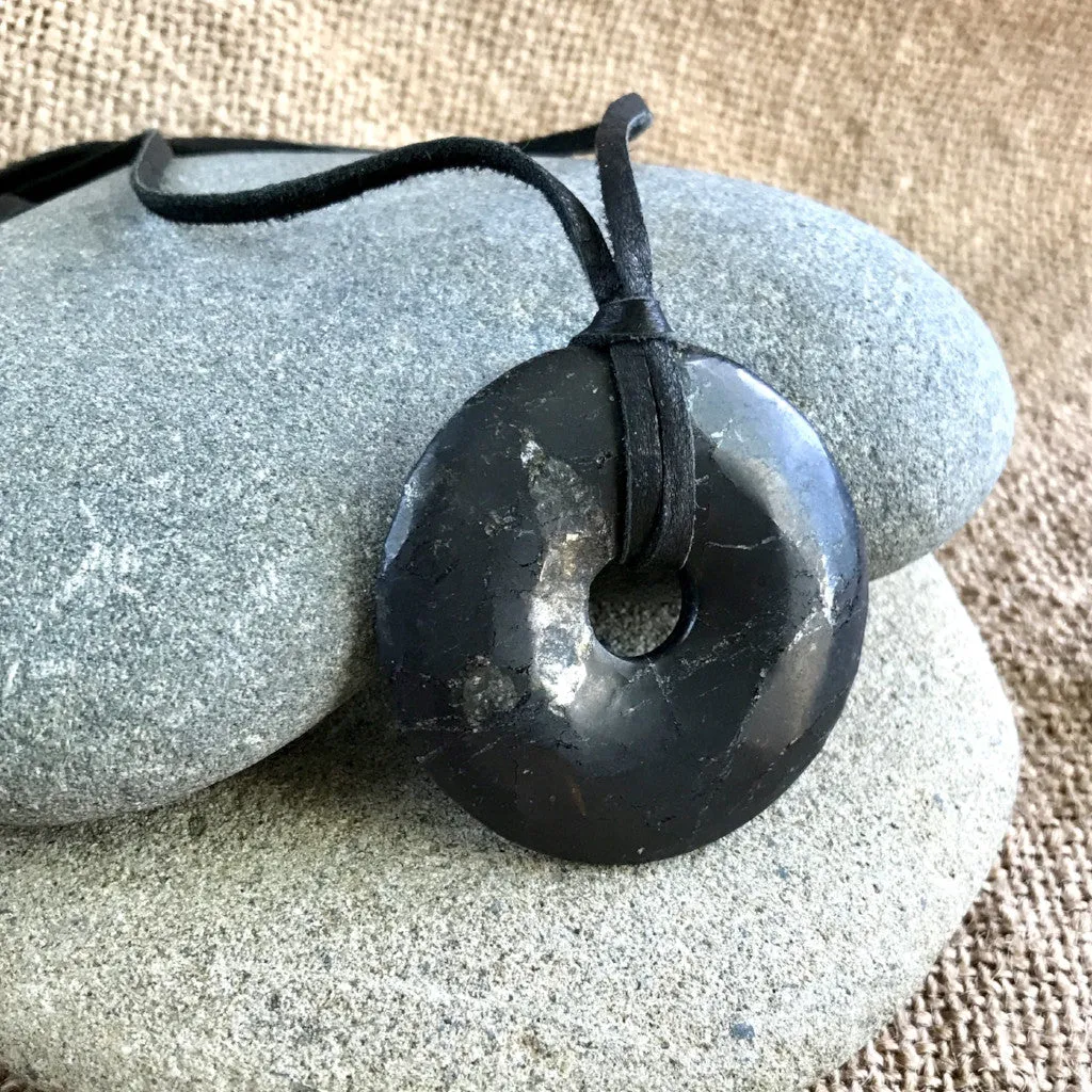 Shungite Donut Pendant, 40mm, Deerskin Lace, Unisex