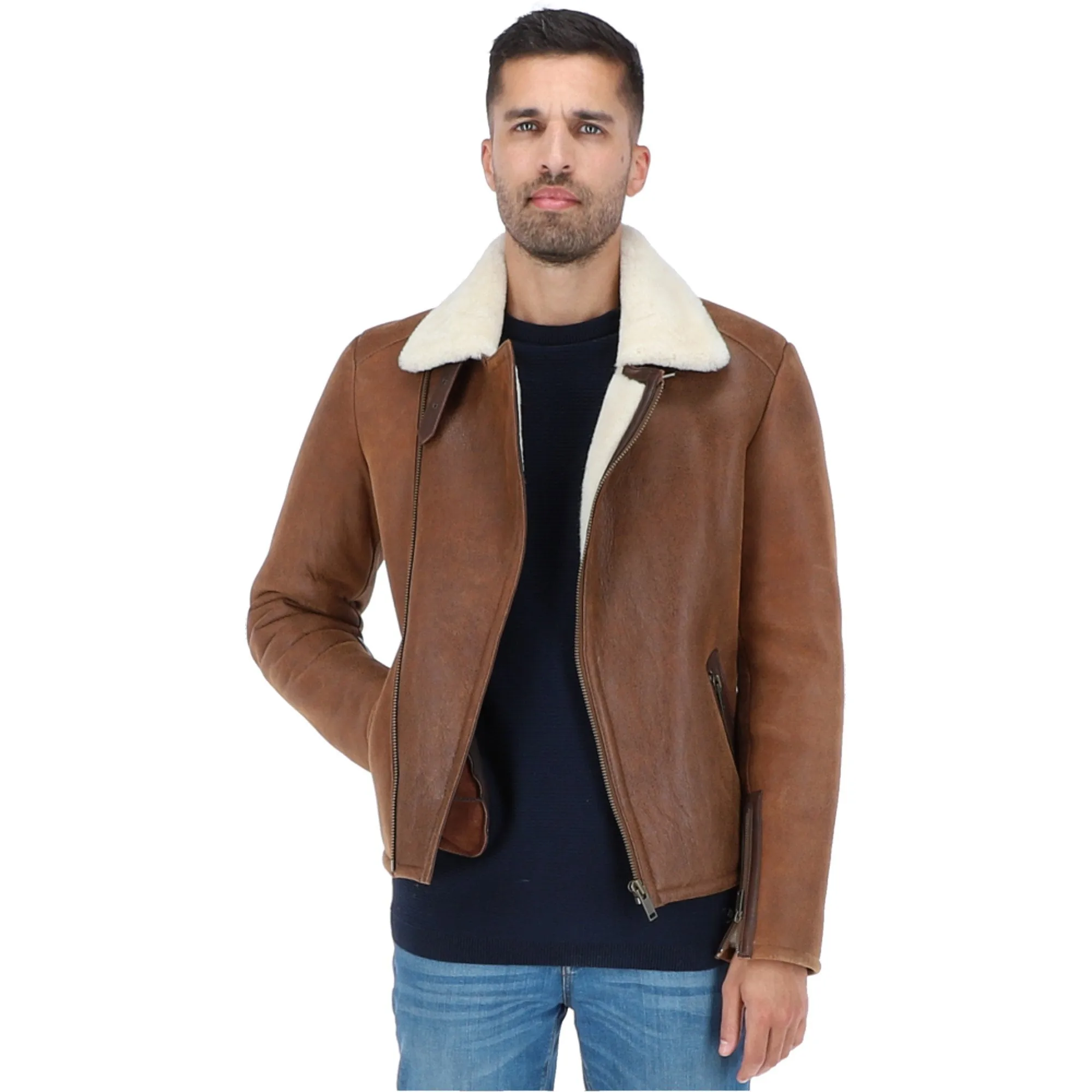 Side Zip Biker Sheepskin Pilot Jacket Tan: Franco