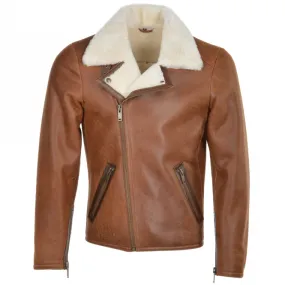 Side Zip Biker Sheepskin Pilot Jacket Tan: Franco