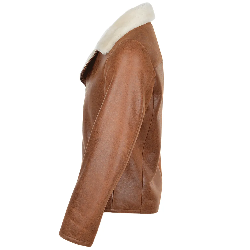 Side Zip Biker Sheepskin Pilot Jacket Tan: Franco