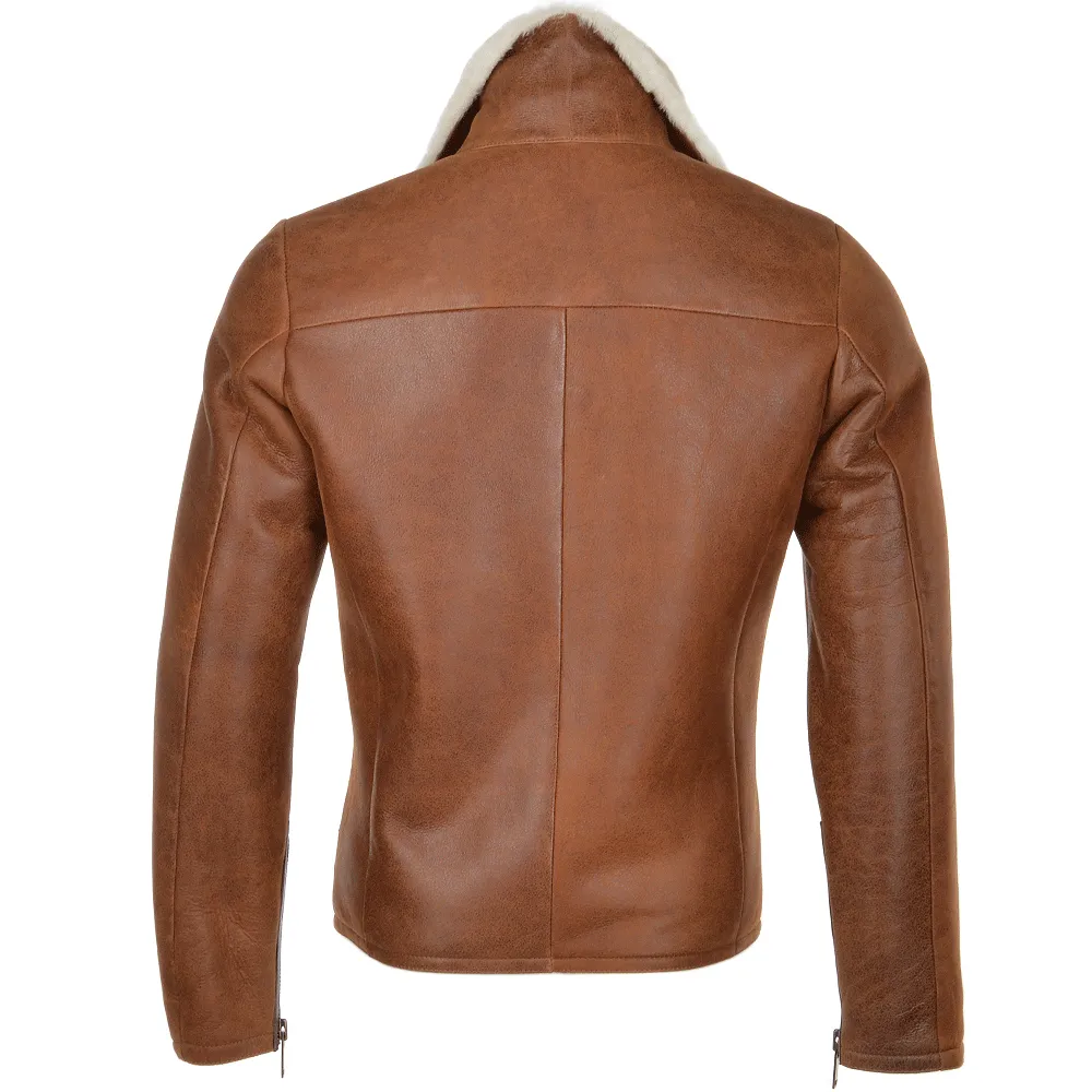 Side Zip Biker Sheepskin Pilot Jacket Tan: Franco