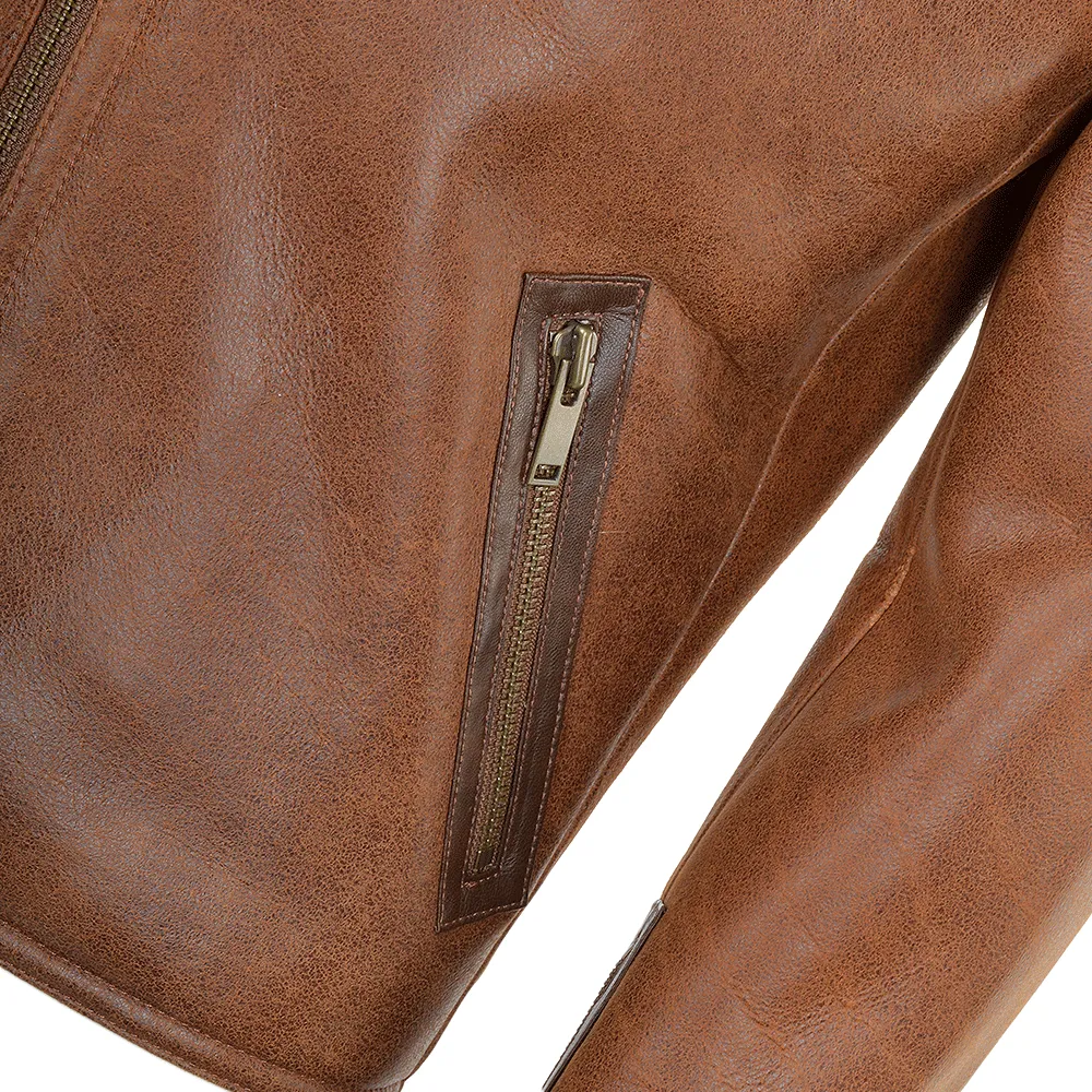 Side Zip Biker Sheepskin Pilot Jacket Tan: Franco