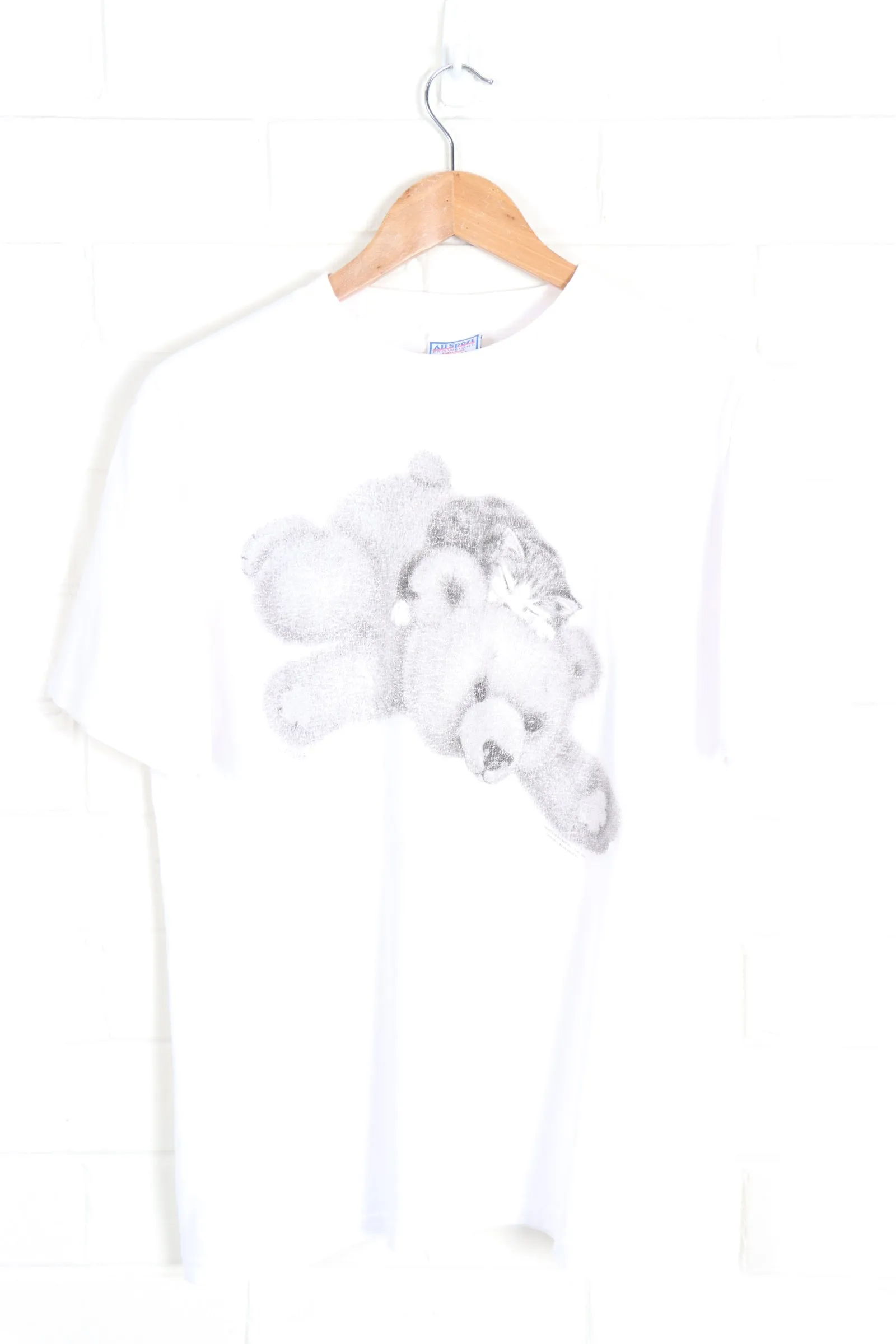 Sleeping Kitten & Teddy Virginia Miller Art Single Stitch Tee USA Made (L)