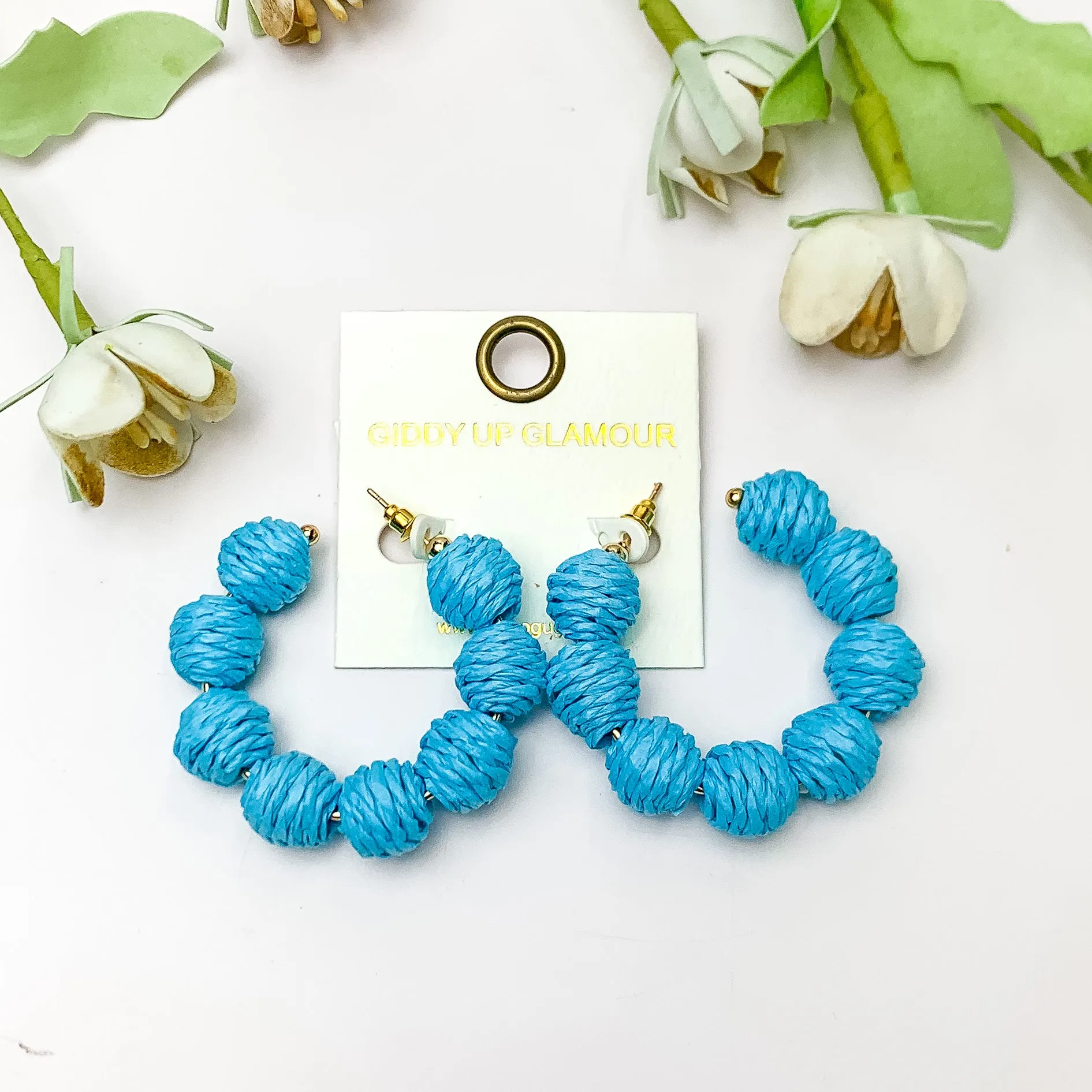 Sorbet Summer Raffia Ball Hoop Earrings in Blue