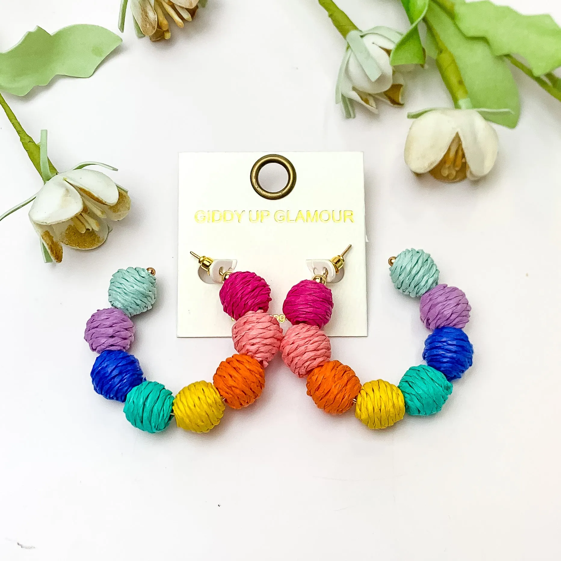 Sorbet Summer Raffia Ball Hoop Earrings in Multicolor