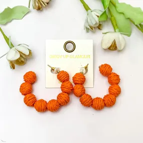 Sorbet Summer Raffia Ball Hoop Earrings in Orange