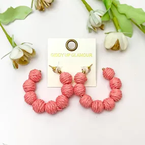 Sorbet Summer Raffia Ball Hoop Earrings in Pink