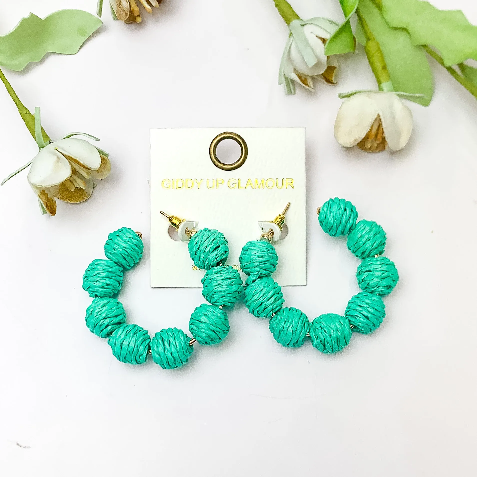 Sorbet Summer Raffia Ball Hoop Earrings in Turquoise Green