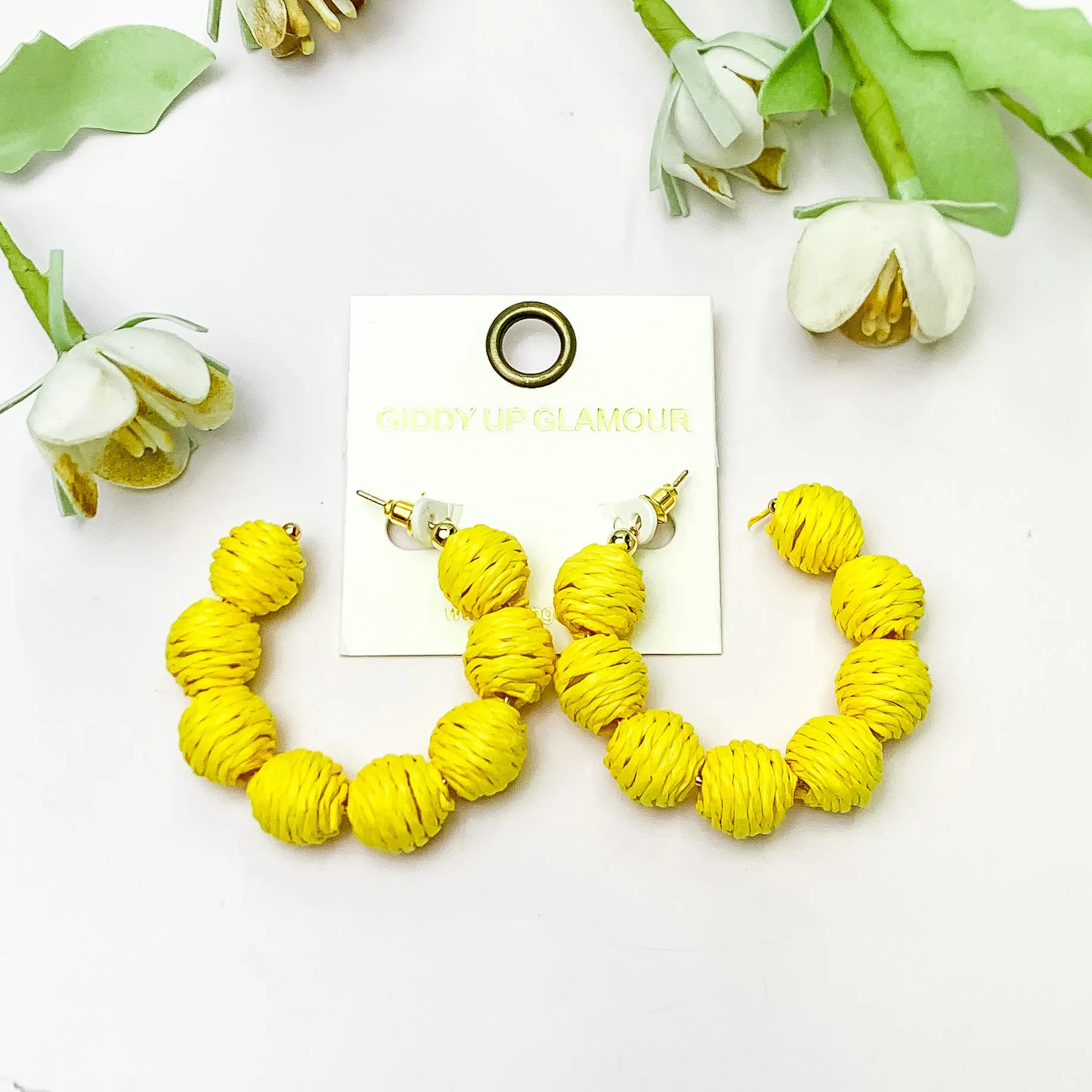 Sorbet Summer Raffia Ball Hoop Earrings in Yellow