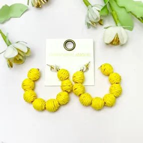 Sorbet Summer Raffia Ball Hoop Earrings in Yellow