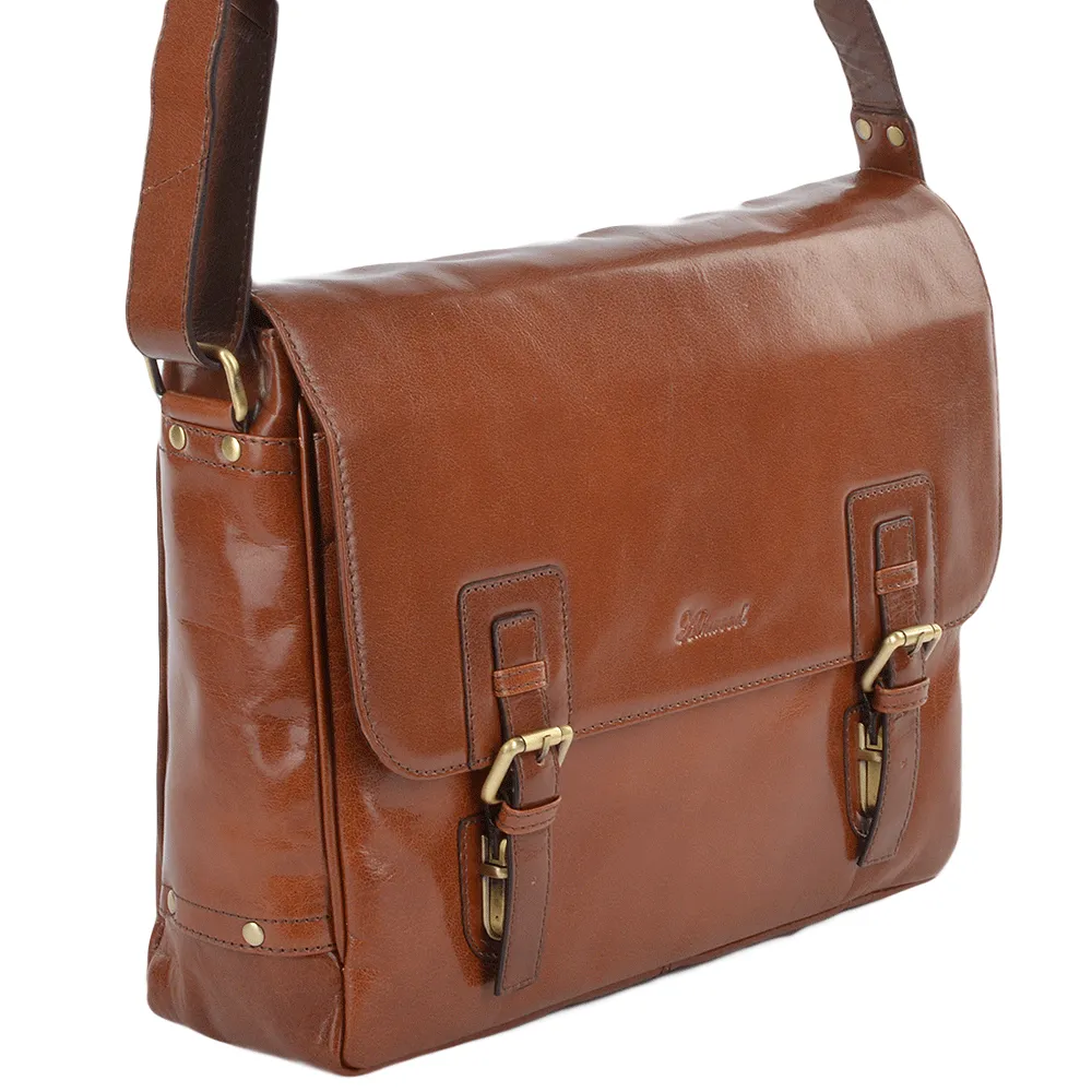 Tan Large Leather Dual Compartment Laptop Satchel Bag