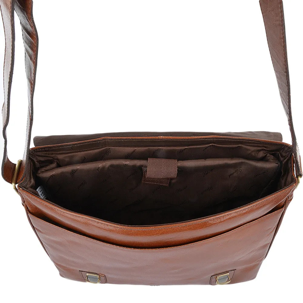 Tan Large Leather Dual Compartment Laptop Satchel Bag