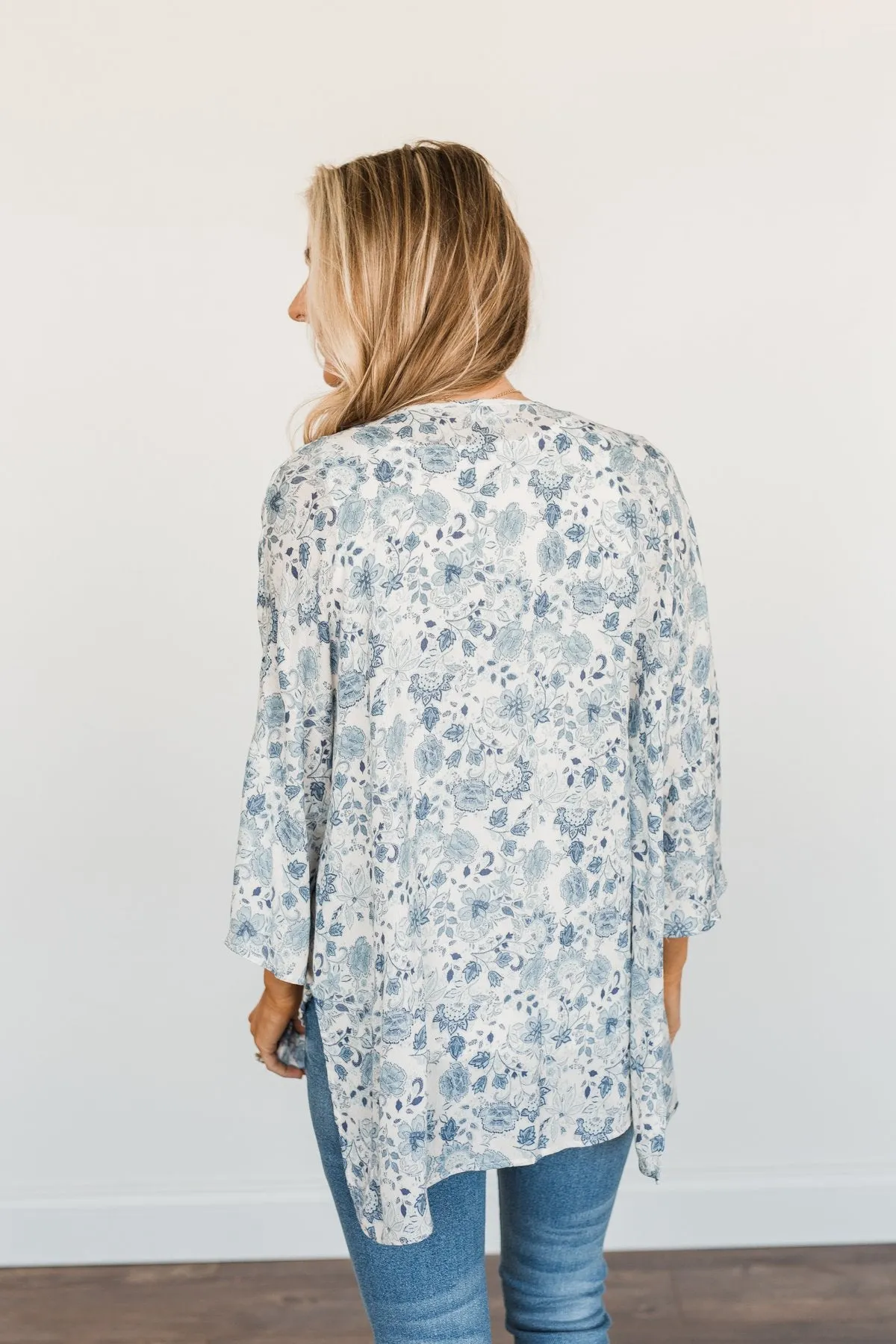 Thoughtful Wishes Floral Kimono- Ivory & Blue