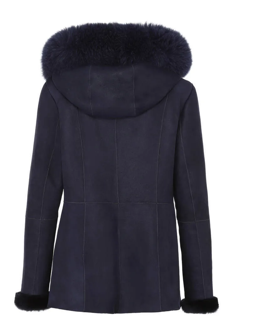 Three quarter sheepskin hooded woman navy seville