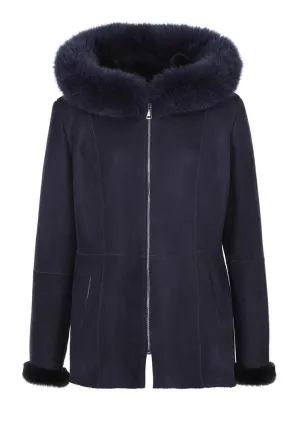 Three quarter sheepskin hooded woman navy seville