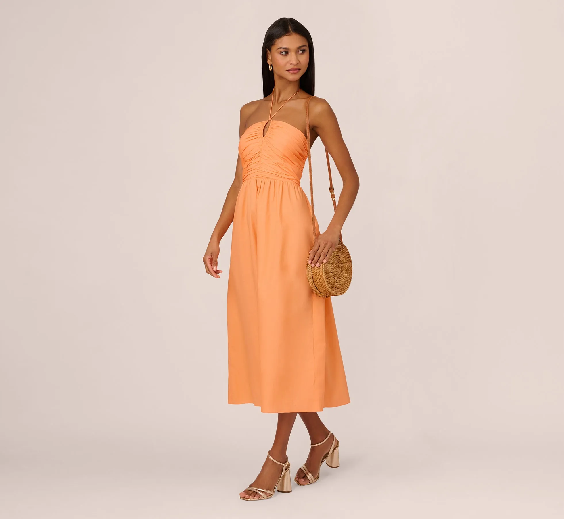 Tie Halter Midi Dress With Shirred Bodice In Apricot Sorbet