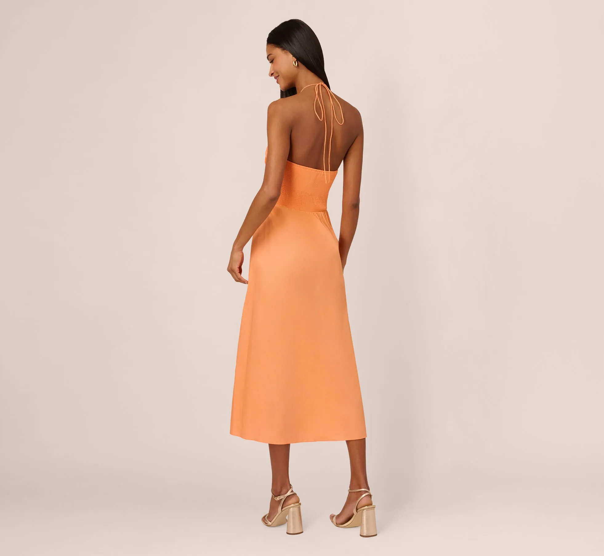 Tie Halter Midi Dress With Shirred Bodice In Apricot Sorbet