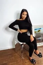 Trixie Black Woven Knitted Off The Shoulder Co-ord Lounge Set