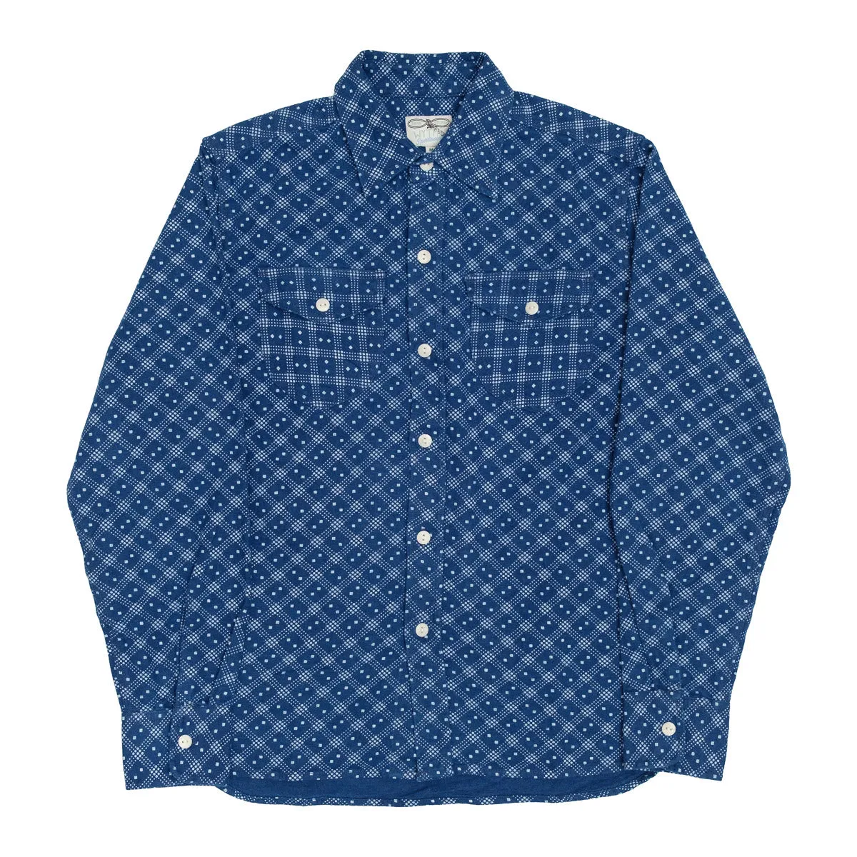 Washed Indigo Flannel Work Shirt with Diamond Discharge Print