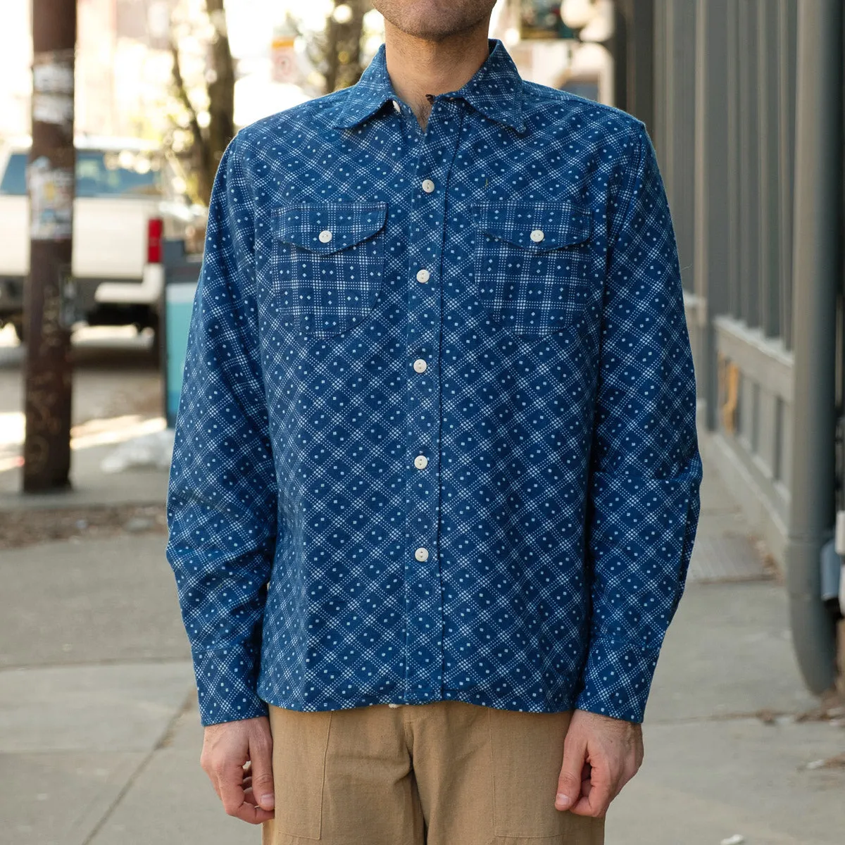 Washed Indigo Flannel Work Shirt with Diamond Discharge Print