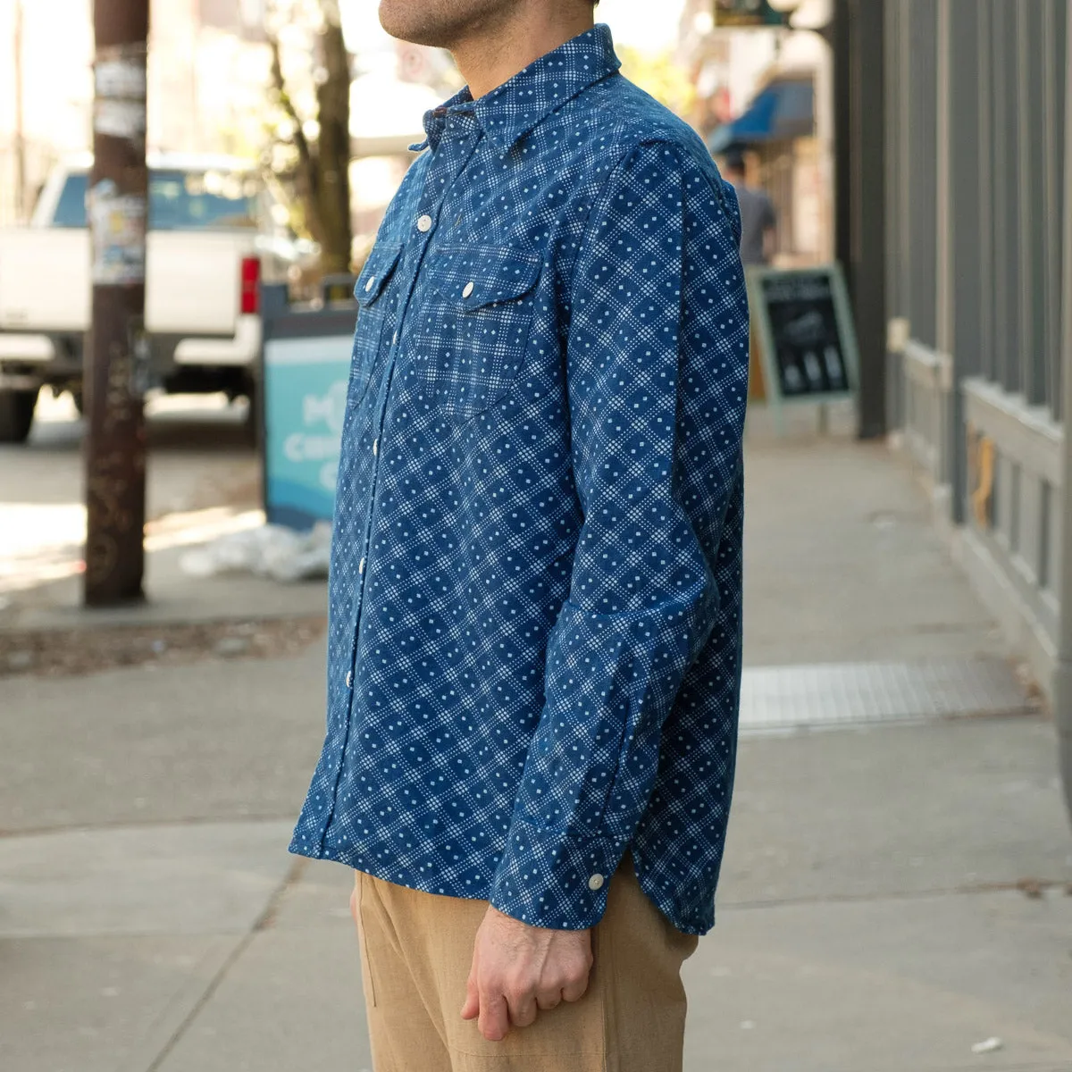 Washed Indigo Flannel Work Shirt with Diamond Discharge Print