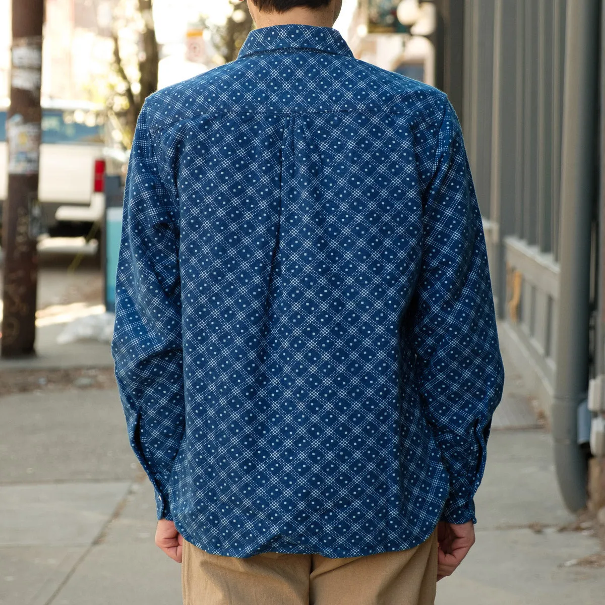 Washed Indigo Flannel Work Shirt with Diamond Discharge Print