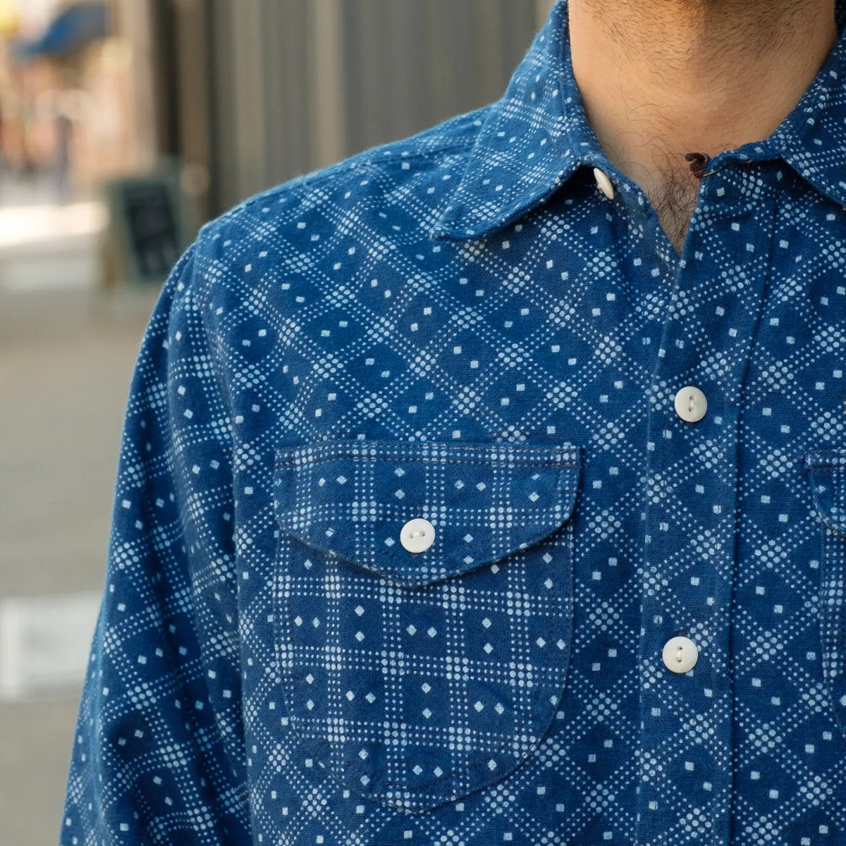 Washed Indigo Flannel Work Shirt with Diamond Discharge Print