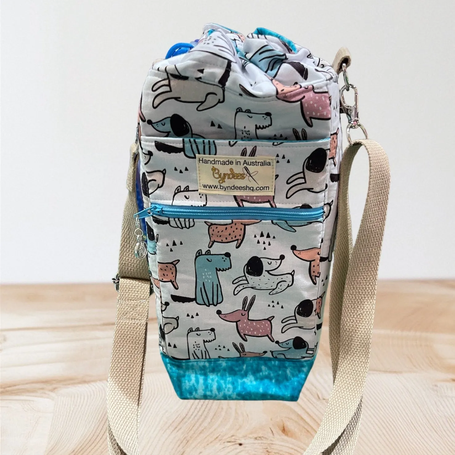 Water Bottle, Phone & Wallet Bag - Cartoon Dogs with Lite Blue Lining