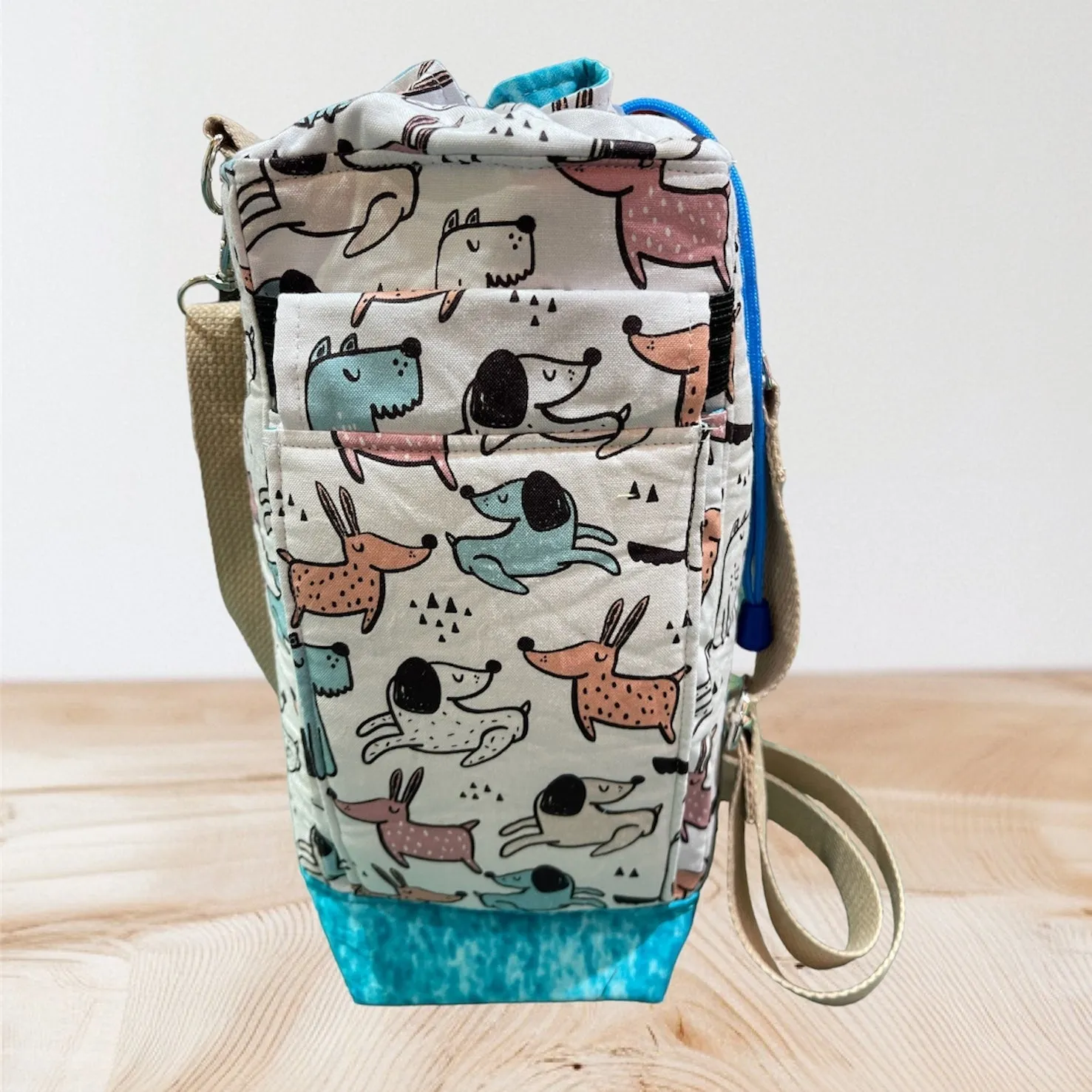 Water Bottle, Phone & Wallet Bag - Cartoon Dogs with Lite Blue Lining