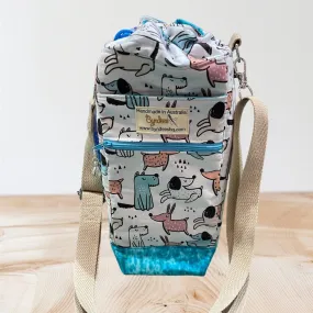 Water Bottle, Phone & Wallet Bag - Cartoon Dogs with Lite Blue Lining