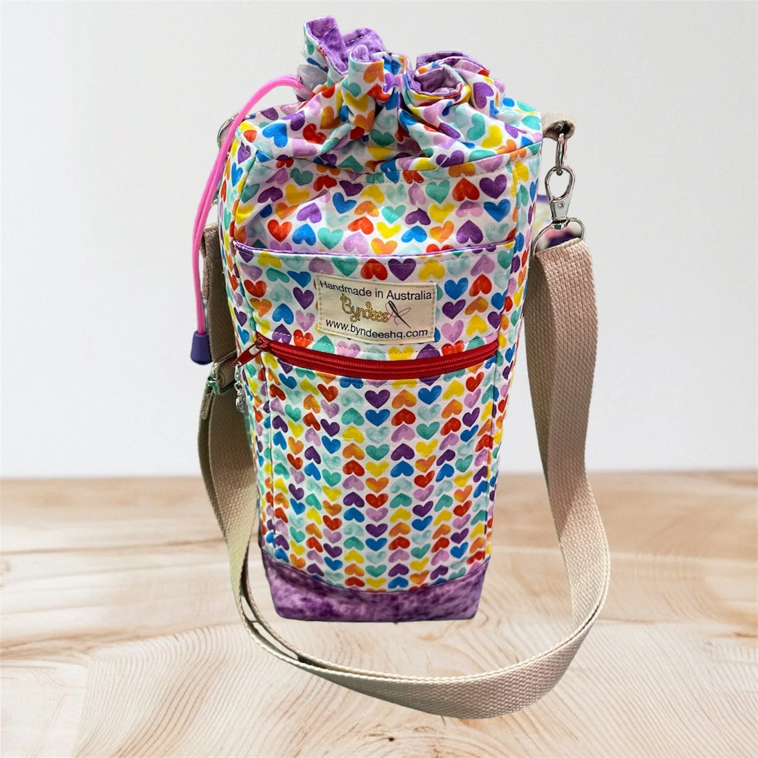 Water Bottle, Phone & Wallet Bag - Colorful Hearts w Lilac Lining