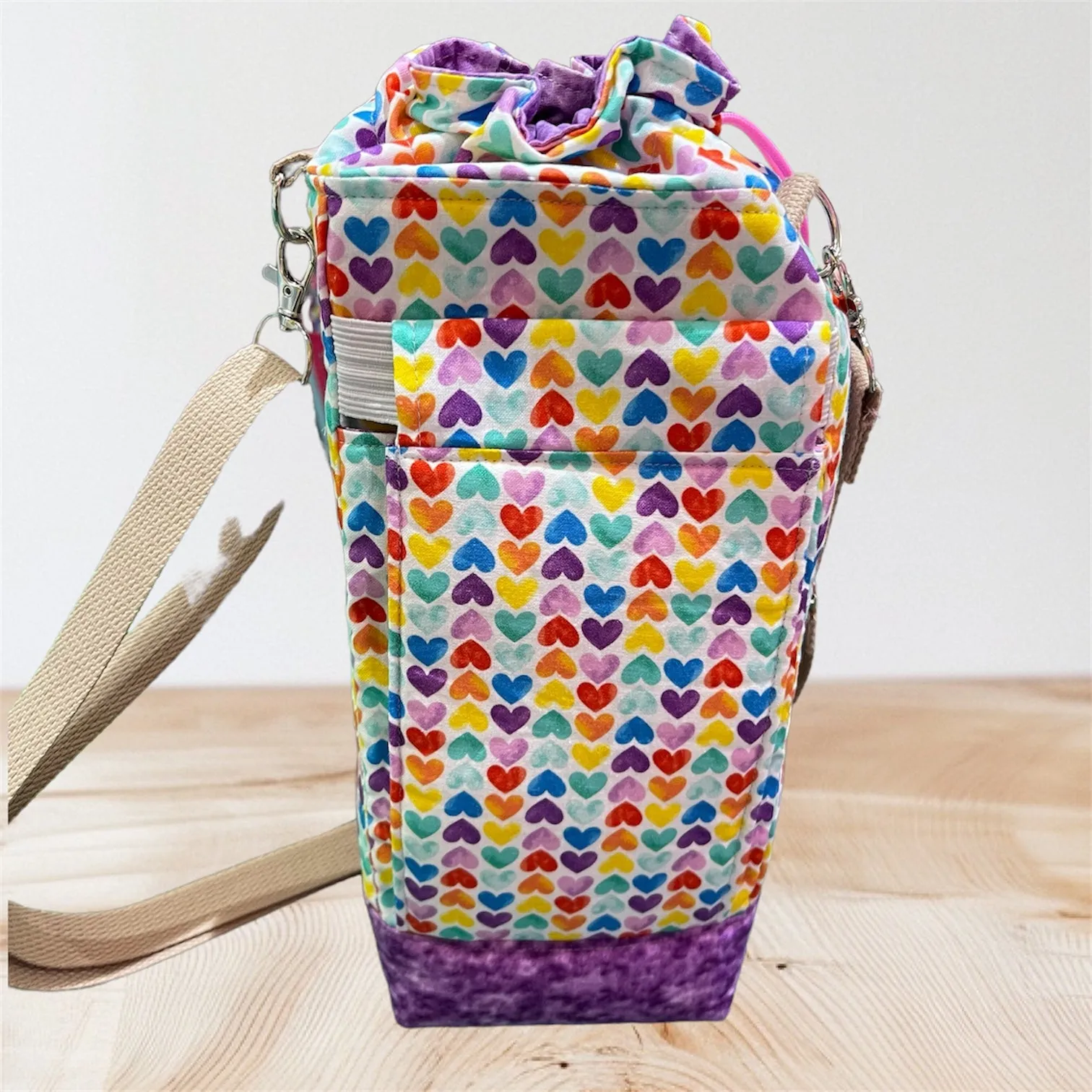 Water Bottle, Phone & Wallet Bag - Colorful Hearts w Lilac Lining