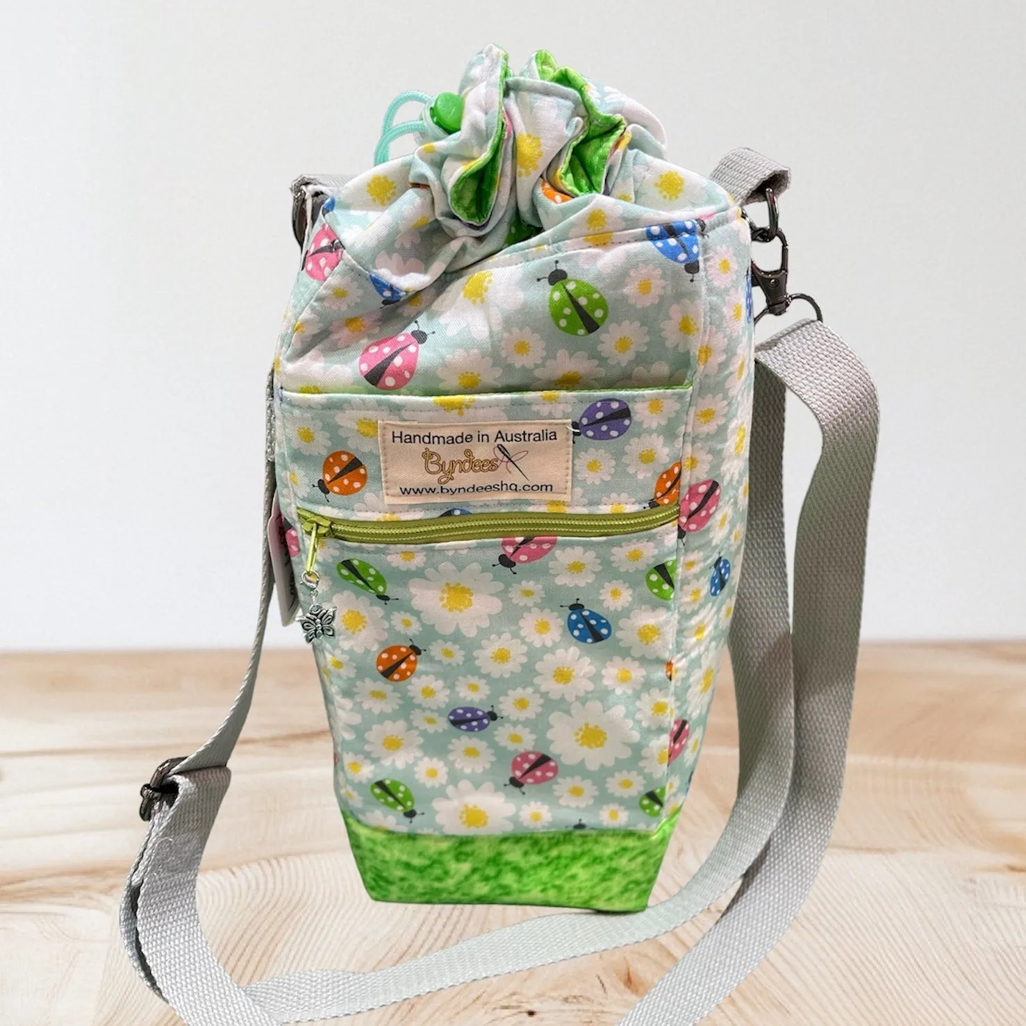 Water Bottle, Phone & Wallet Bag - Colourful Lady Bugs w Green Lining