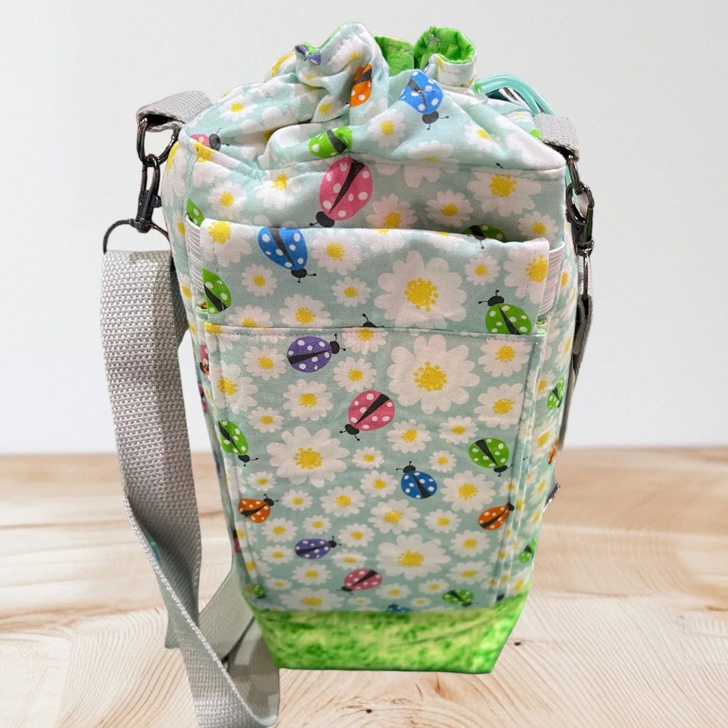 Water Bottle, Phone & Wallet Bag - Colourful Lady Bugs w Green Lining