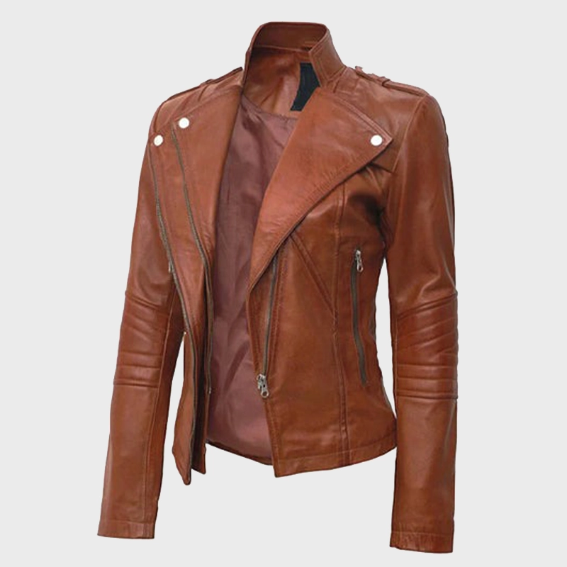 Women's Sheepskin Tan Brown Cafe Racer Leather Jacket