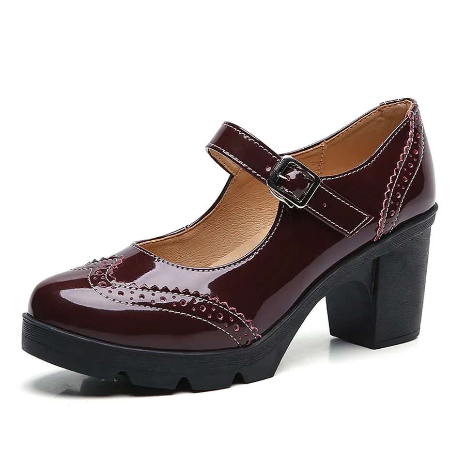 Women's Autumn Burgundy Genuine Leather Handmade Square High Heels