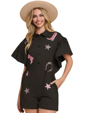 Womens Black Cowboy Print Romper