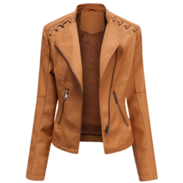 Women's Camel Sheepskin Leather Biker Jacket with Oblique Zipper