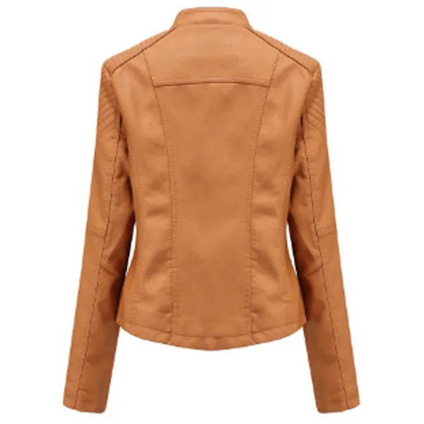 Women's Camel Sheepskin Leather Biker Jacket with Oblique Zipper