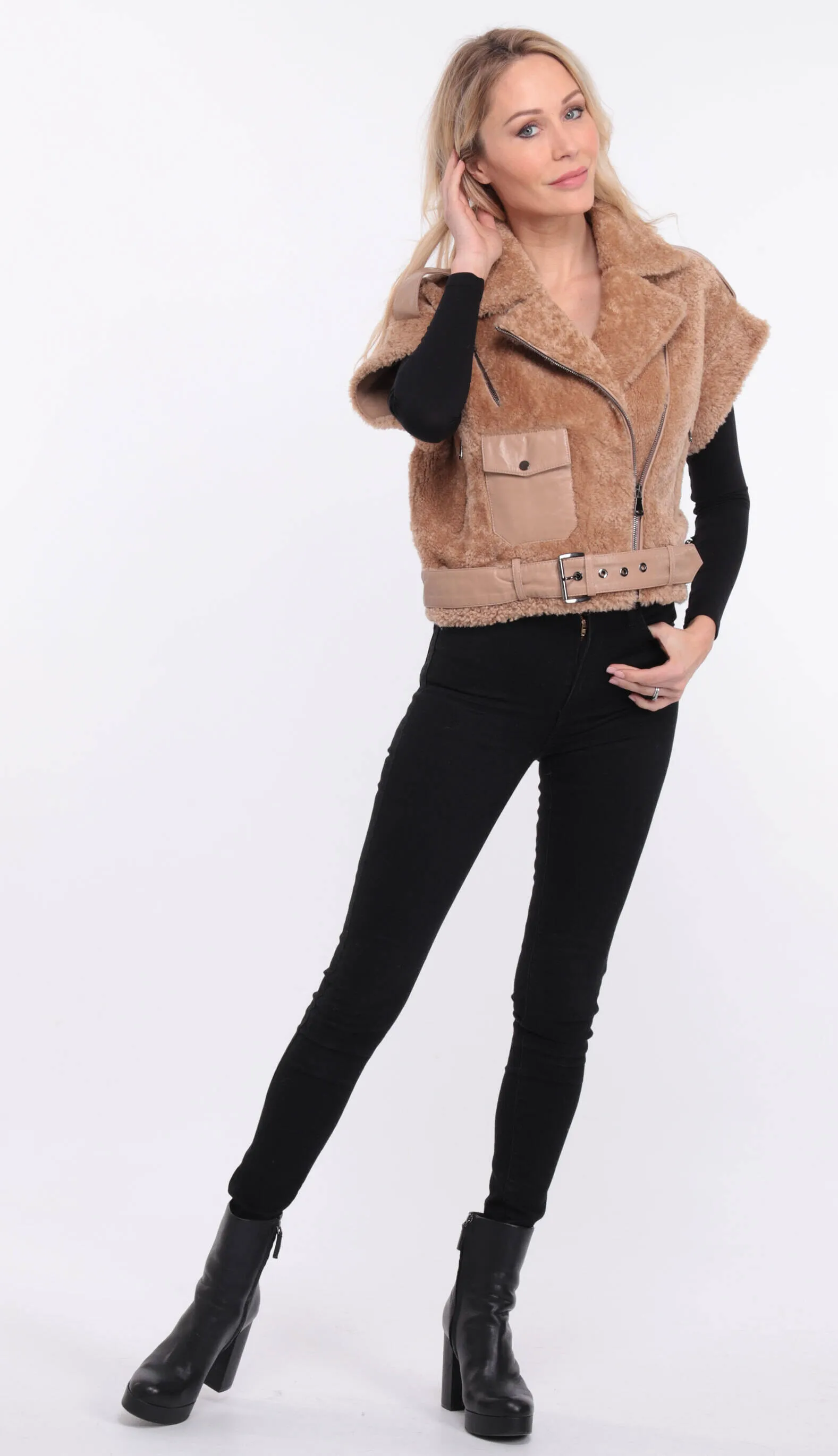 Women's camel sheepskin sleeveless vest sie