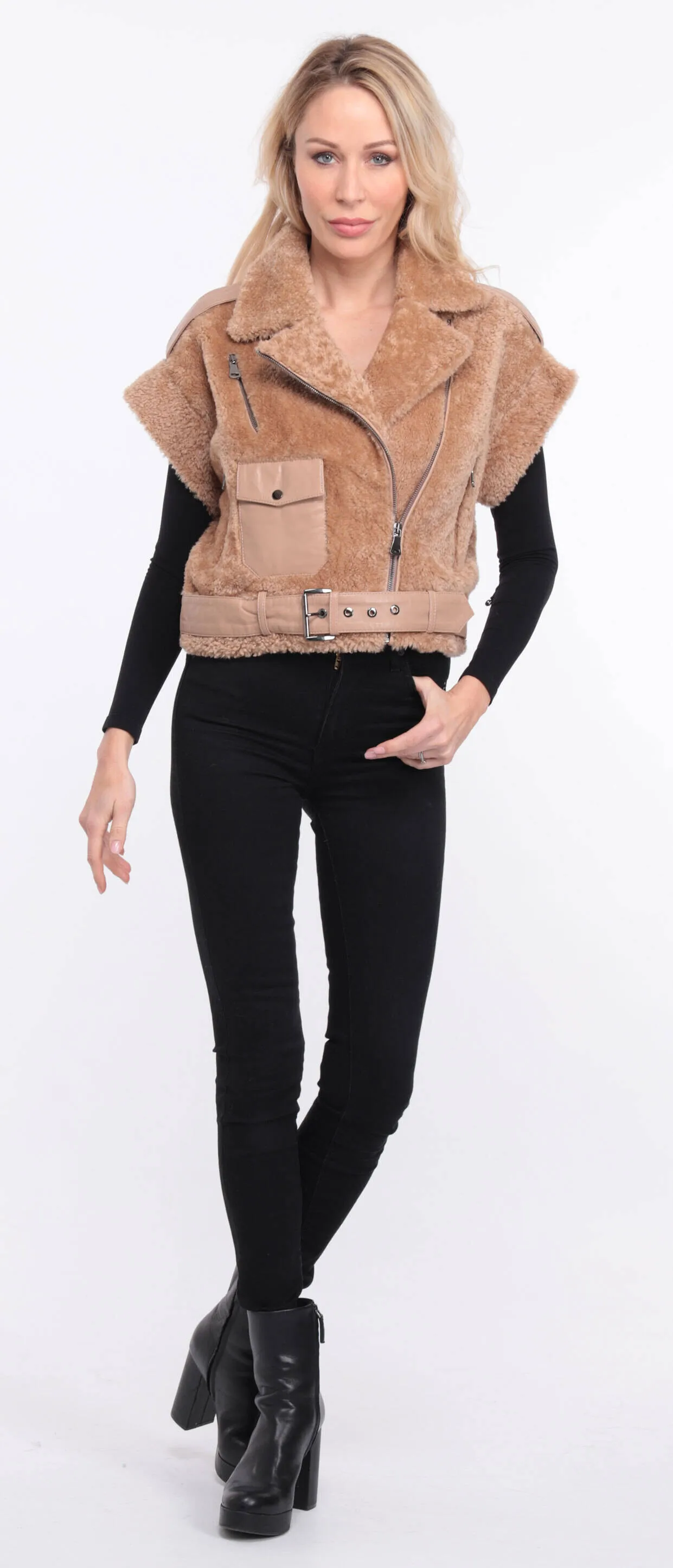 Women's camel sheepskin sleeveless vest sie