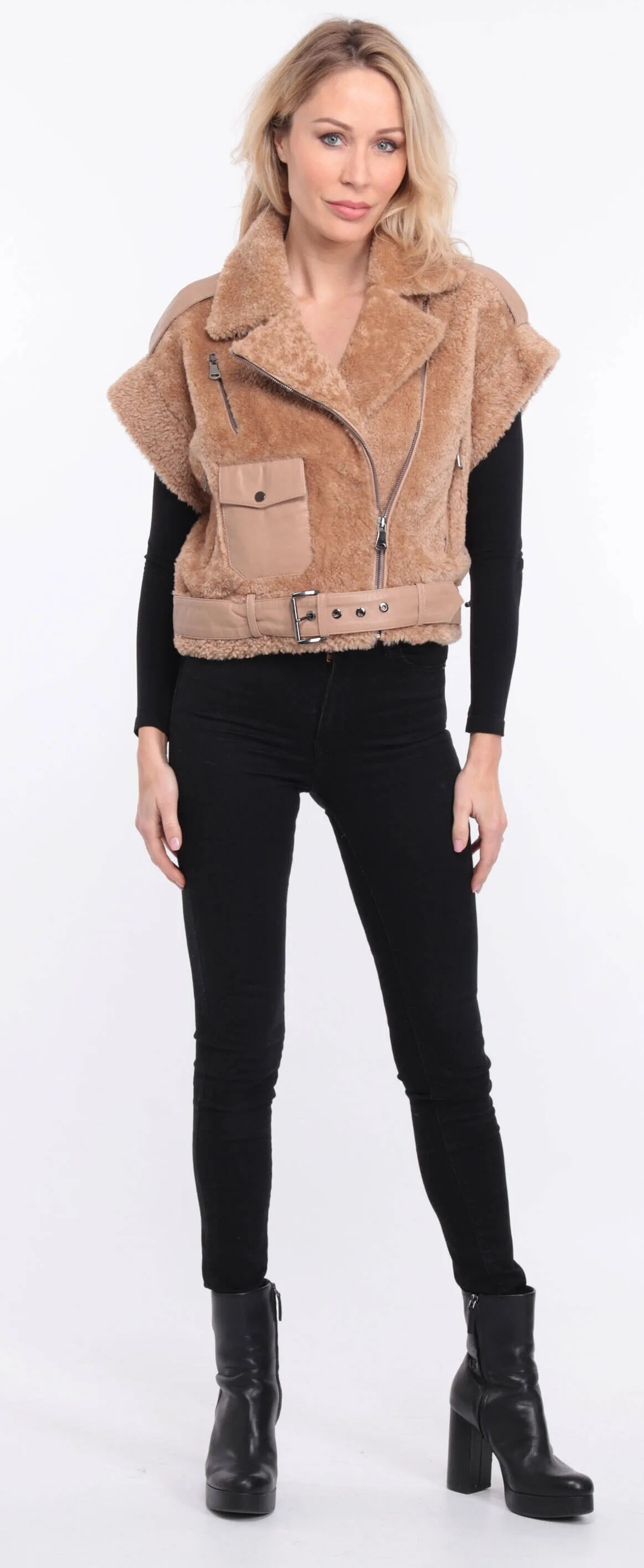 Women's camel sheepskin sleeveless vest sie