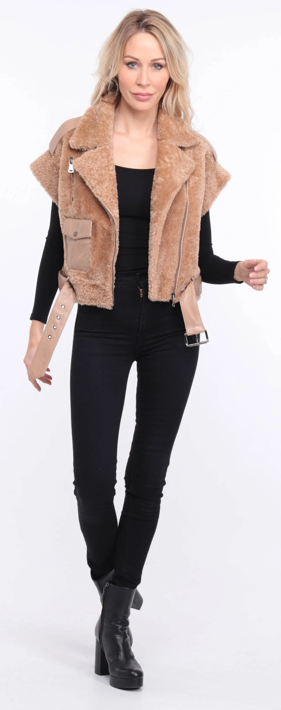 Women's camel sheepskin sleeveless vest sie