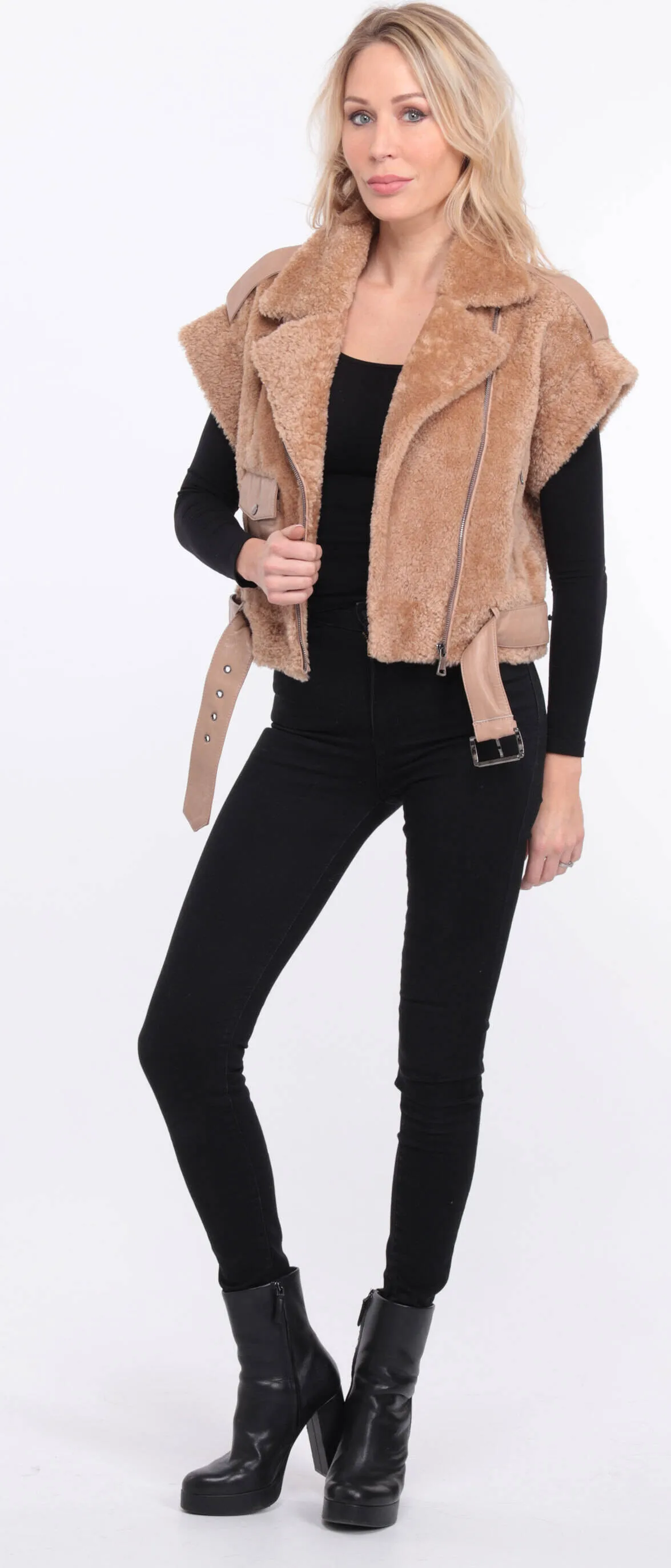 Women's camel sheepskin sleeveless vest sie