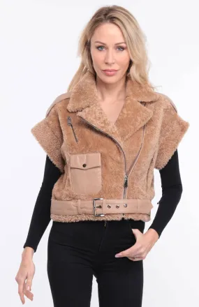 Women's camel sheepskin sleeveless vest sie